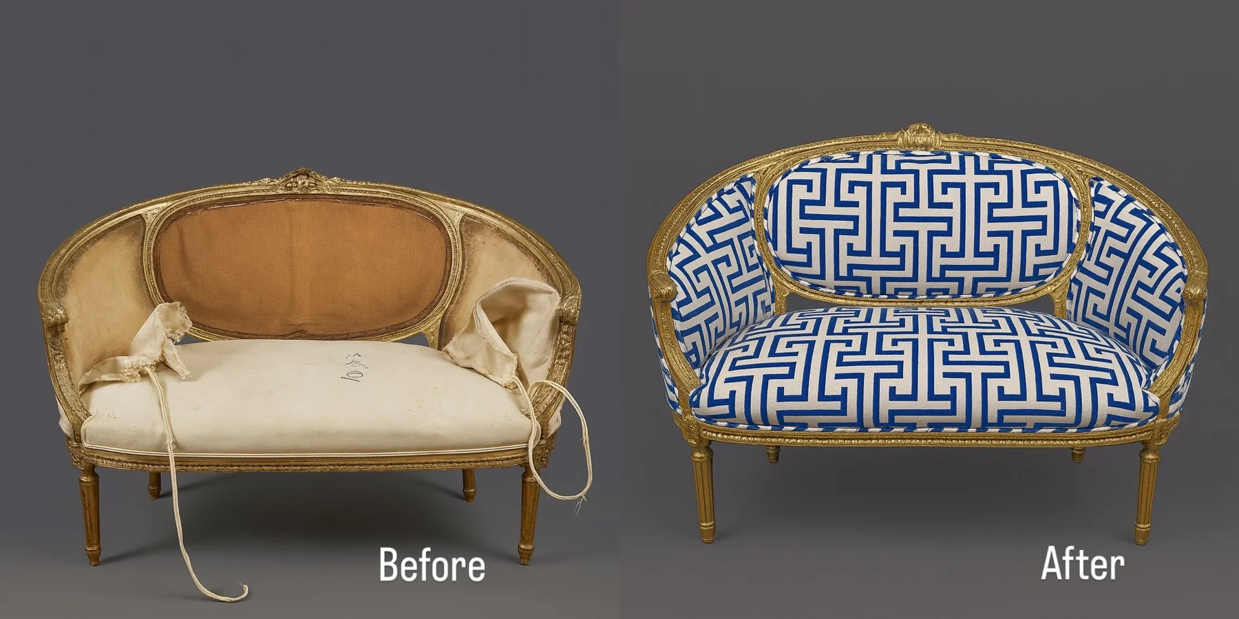 A gilt settee, dressed again.