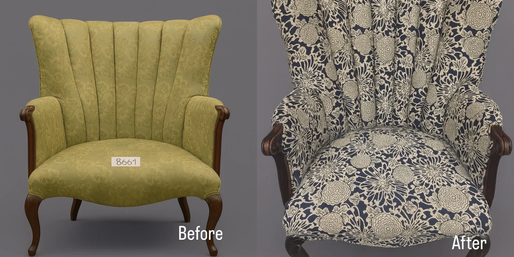 Channel-back chair in green before and patterned navy after
