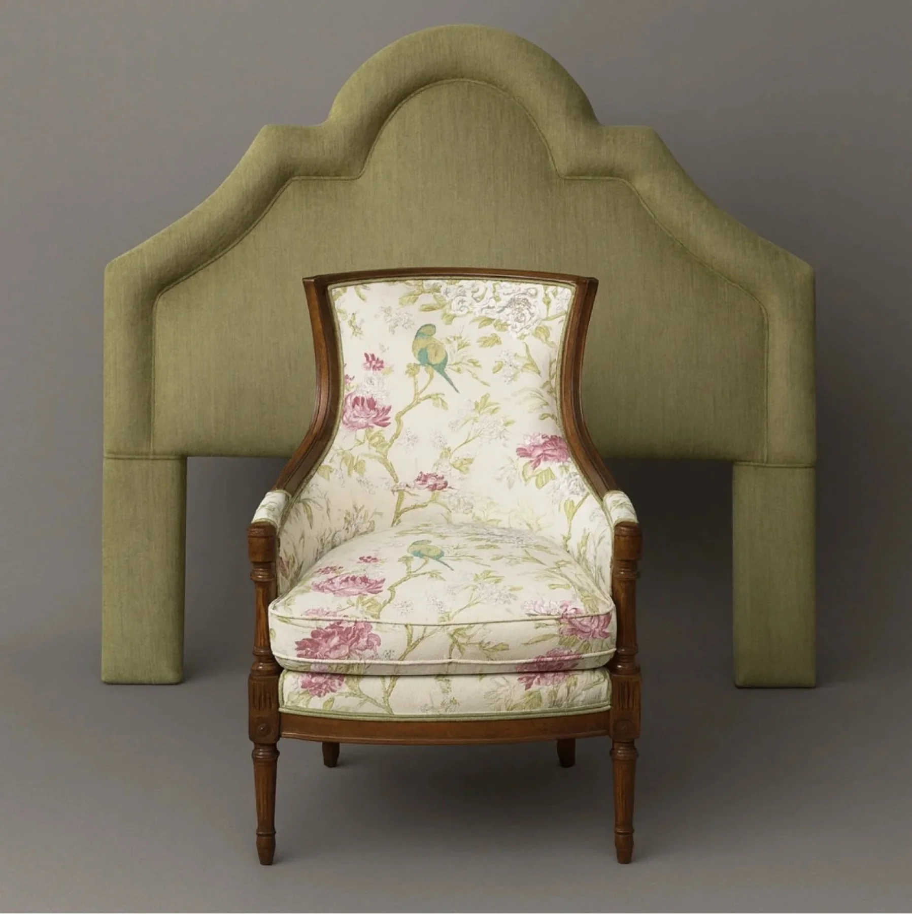Oak City Upholstery: green headboard and floral armchair