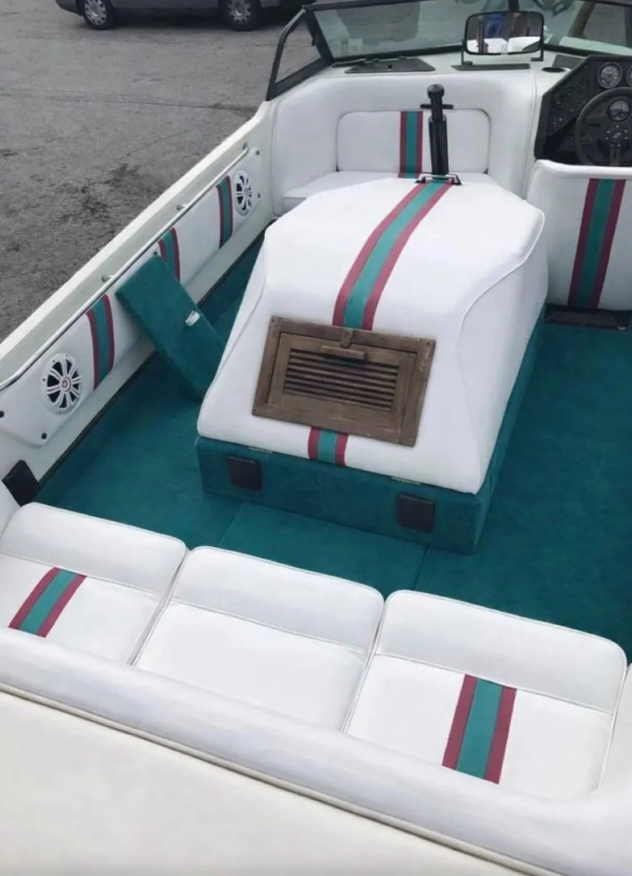 White and teal marine seating