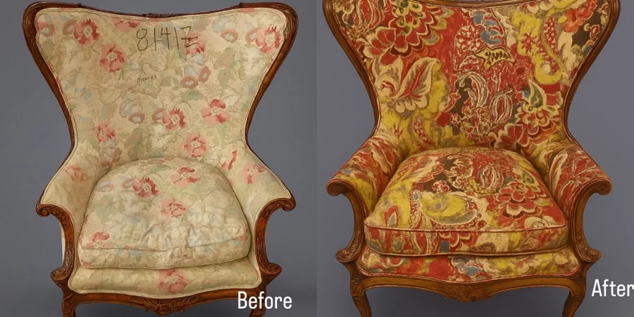 Complete photograph showing the floral chair before and paisley chair after